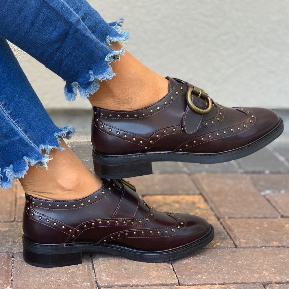 Burgundy Red Monk Strap Studs Boyfriend Oxfords_2